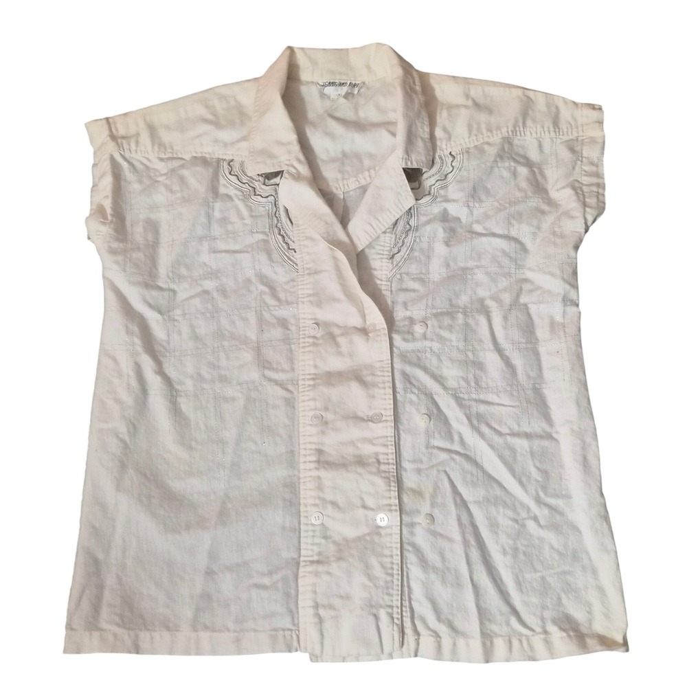 Jennie and Ray Vintage White Ramie Cotton Metallic Grid Short Sleeve Shirt Med